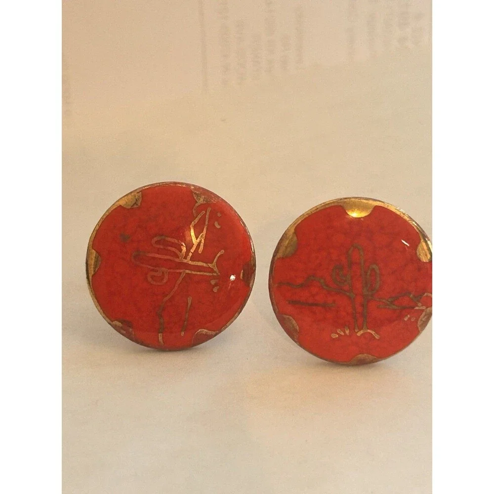 Vintage Southwestern Red Enamel Cactus Desert Cufflinks Mid Century